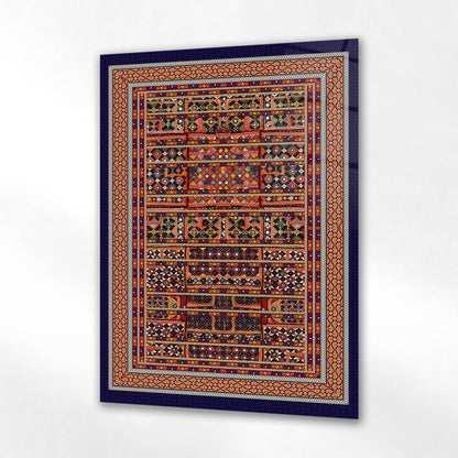 Lacivert Çerçeveli İnce İşlemeli Etnik Kilim Cam Tablo