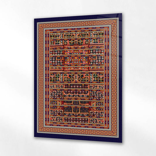 Lacivert Çerçeveli İnce İşlemeli Etnik Kilim Cam Tablo