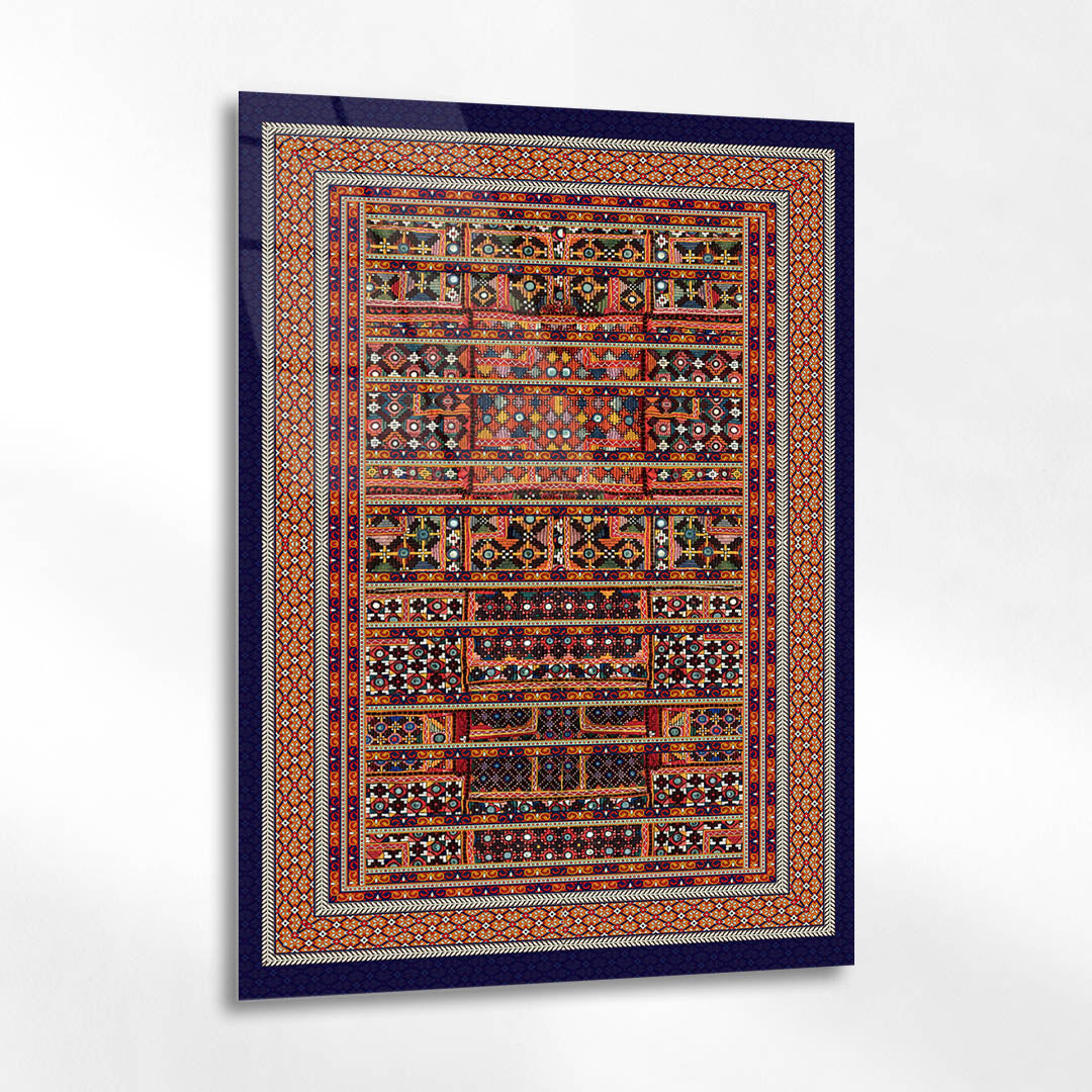 Lacivert Çerçeveli İnce İşlemeli Etnik Kilim Cam Tablo