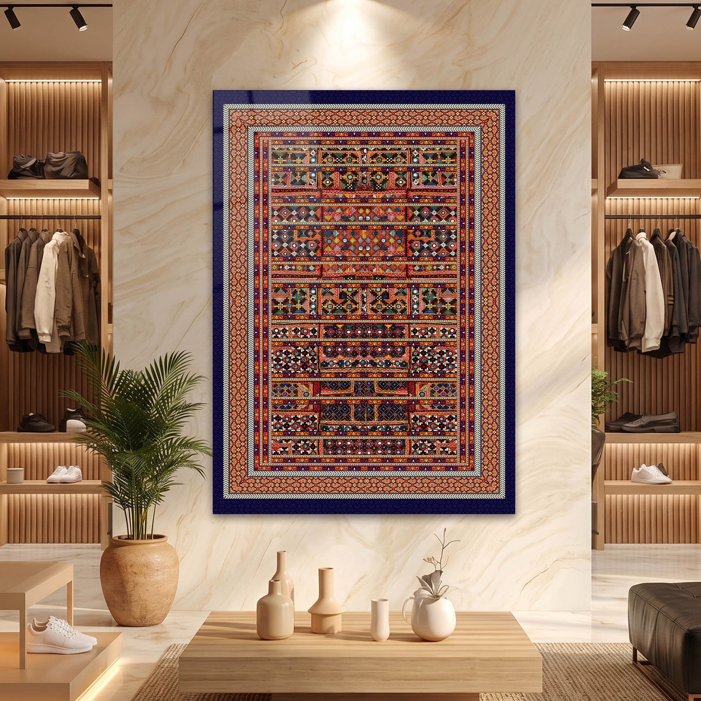 Lacivert Çerçeveli İnce İşlemeli Etnik Kilim Cam Tablo