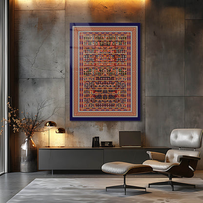 Lacivert Çerçeveli İnce İşlemeli Etnik Kilim Cam Tablo