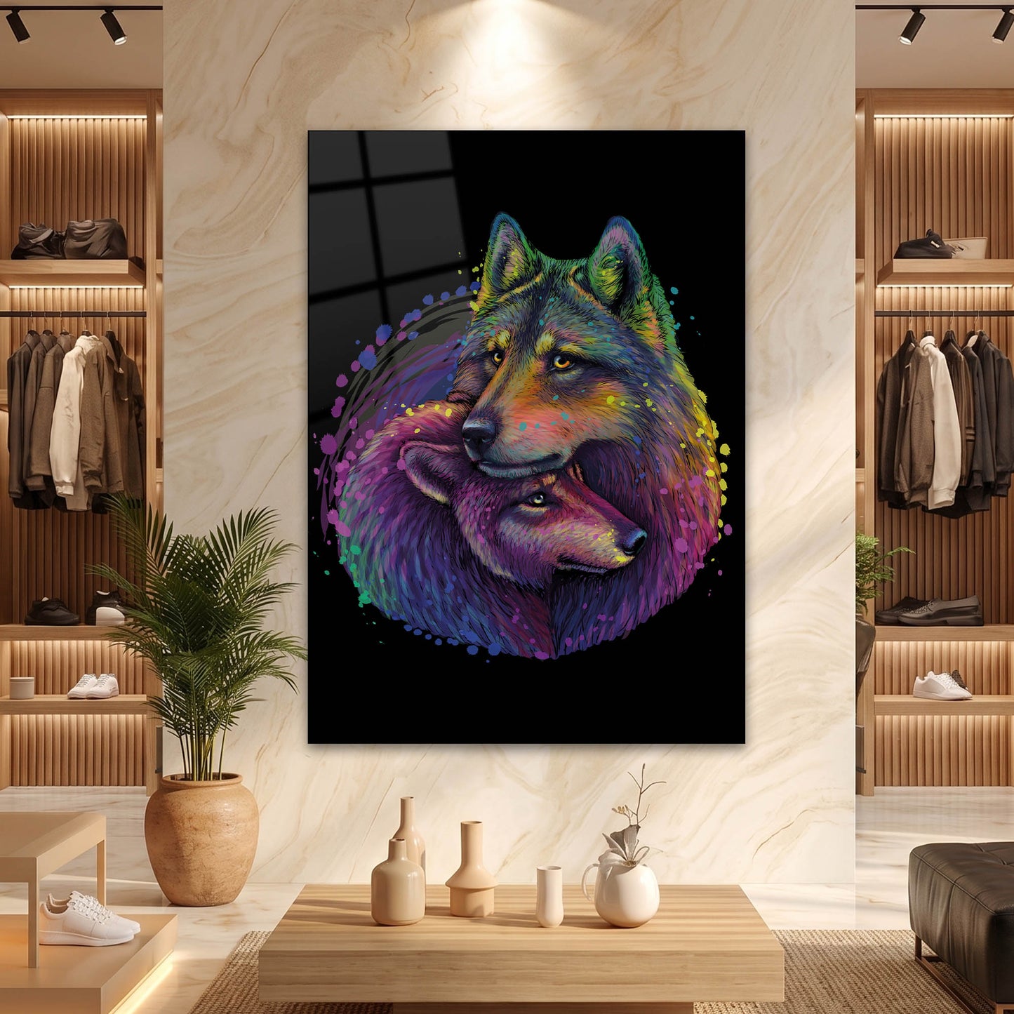 Renkli İki Kurt Figürlü Pop Art Cam Tablo