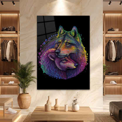 Renkli İki Kurt Figürlü Pop Art Cam Tablo