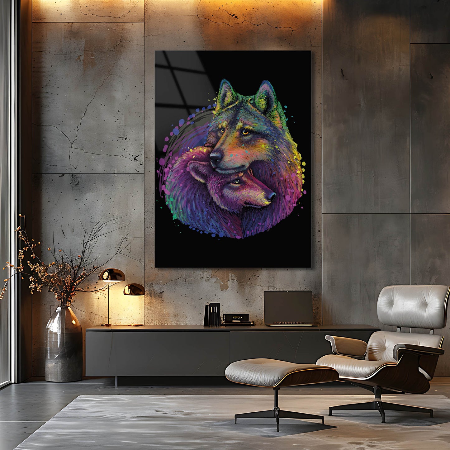 Renkli İki Kurt Figürlü Pop Art Cam Tablo