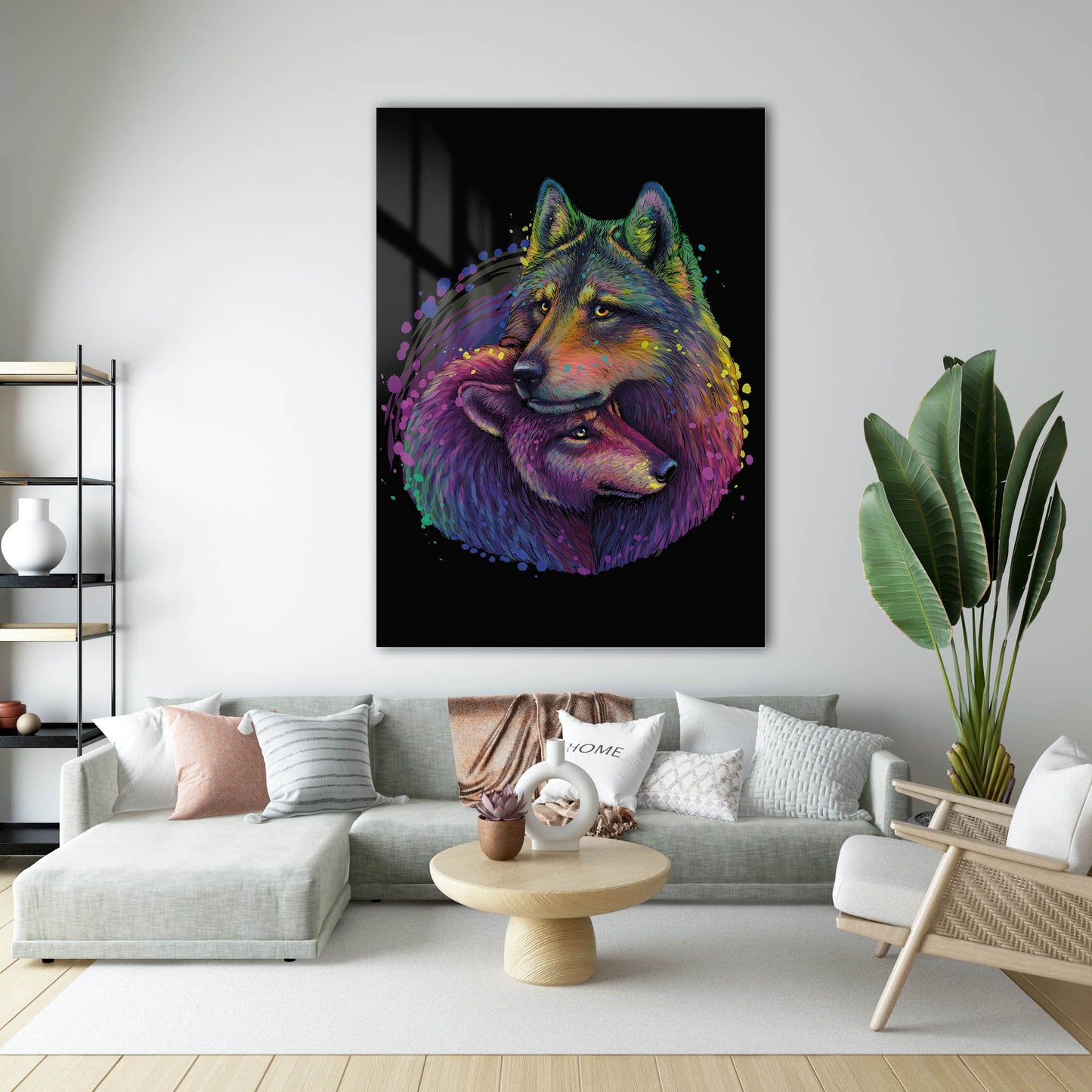 Renkli İki Kurt Figürlü Pop Art Cam Tablo