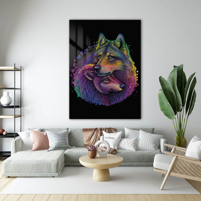Renkli İki Kurt Figürlü Pop Art Cam Tablo