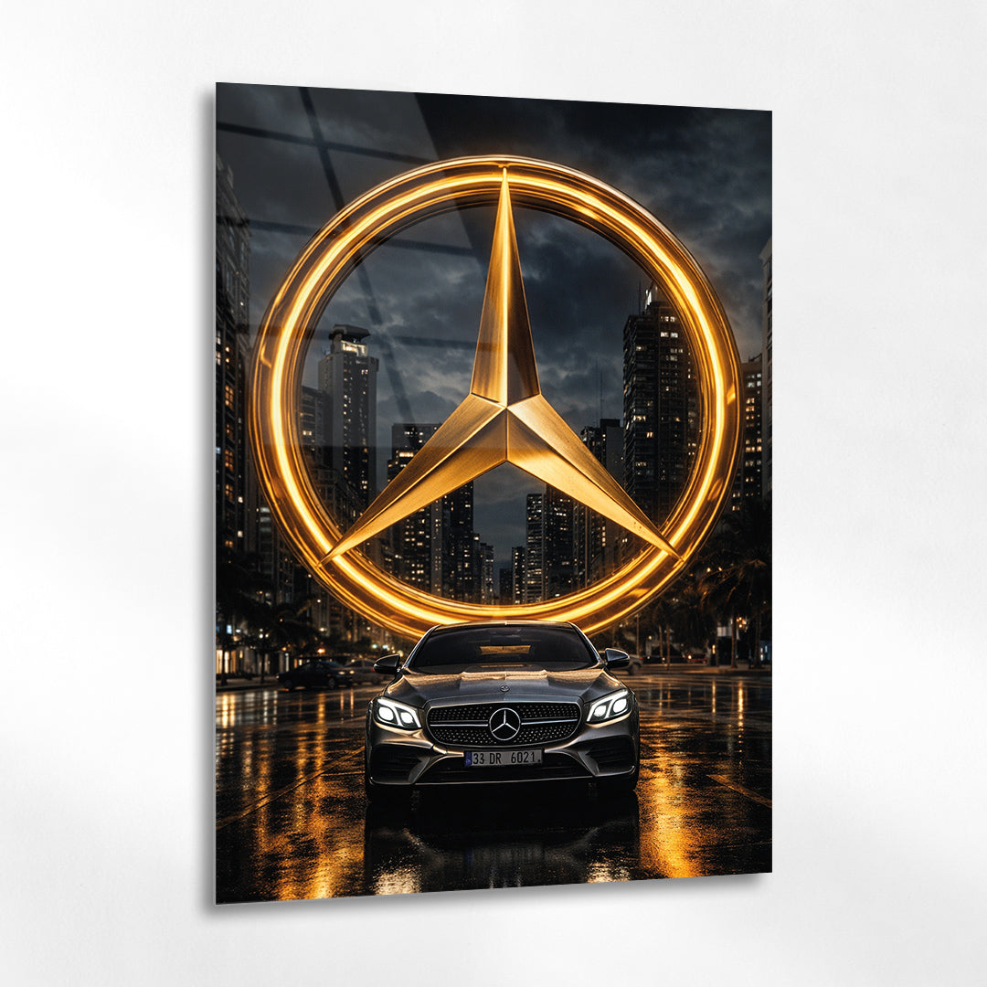 Mercedes-Benz Cam Tablo – İkonik Logo ve Şehir Gecesi Sahnesi