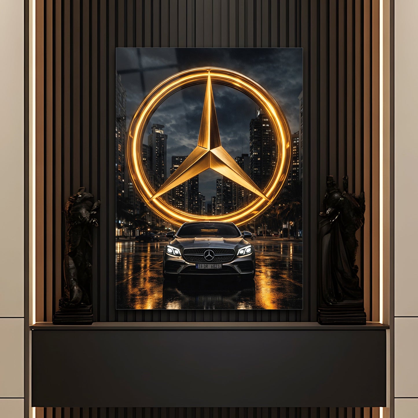 Mercedes-Benz Cam Tablo – İkonik Logo ve Şehir Gecesi Sahnesi