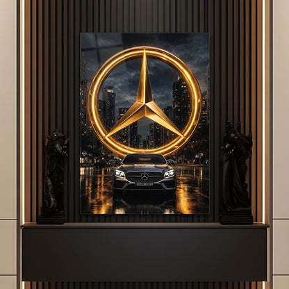Mercedes-Benz Cam Tablo – İkonik Logo ve Şehir Gecesi Sahnesi