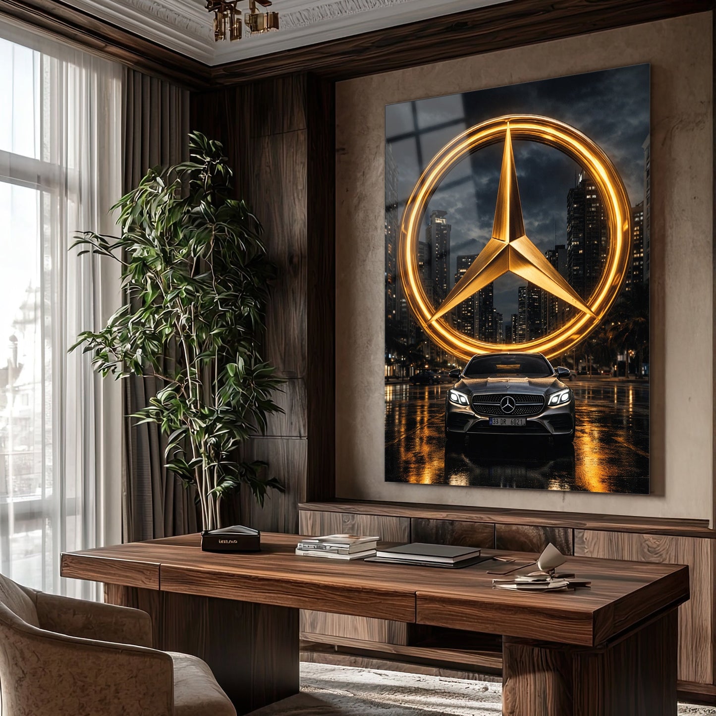 Mercedes-Benz Cam Tablo – İkonik Logo ve Şehir Gecesi Sahnesi