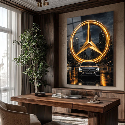 Mercedes-Benz Cam Tablo – İkonik Logo ve Şehir Gecesi Sahnesi