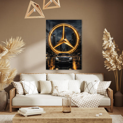 Mercedes-Benz Cam Tablo – İkonik Logo ve Şehir Gecesi Sahnesi