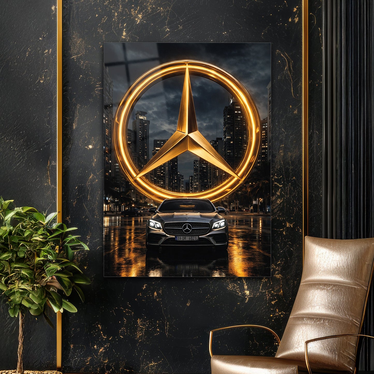 Mercedes-Benz Cam Tablo – İkonik Logo ve Şehir Gecesi Sahnesi