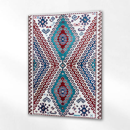 Kırmızı ve Turkuaz Geometrik Desenli Kilim Cam Tablo