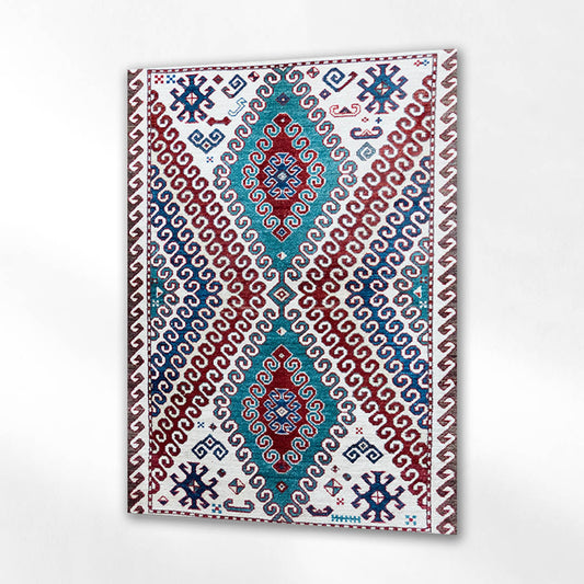 Kırmızı ve Turkuaz Geometrik Desenli Kilim Cam Tablo