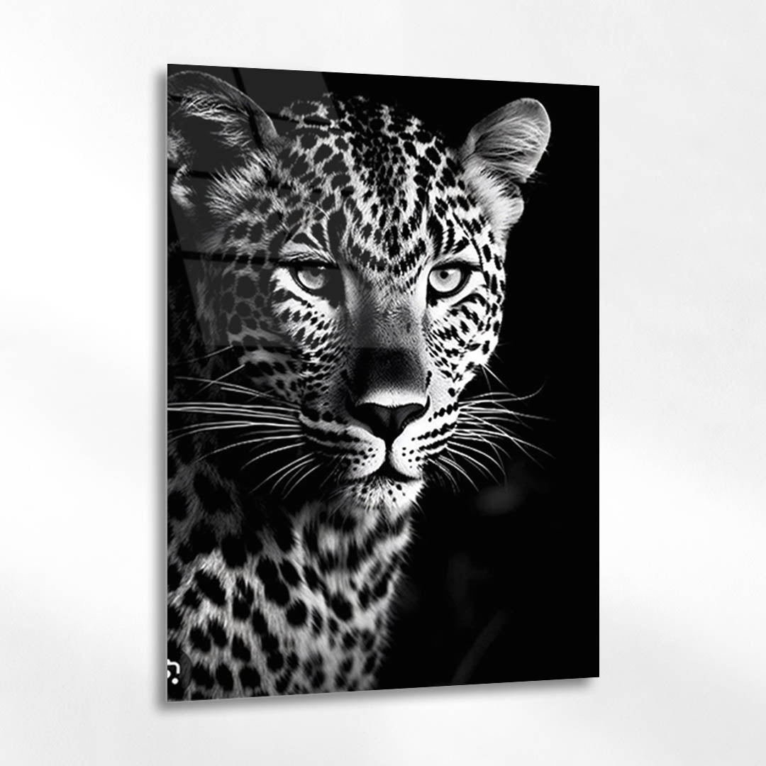 Siyah Beyaz Leopar Portre Cam Tablo