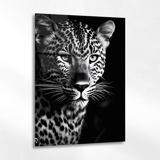 Siyah Beyaz Leopar Portre Cam Tablo