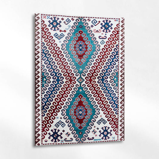 Kırmızı ve Turkuaz Geometrik Desenli Kilim Cam Tablo