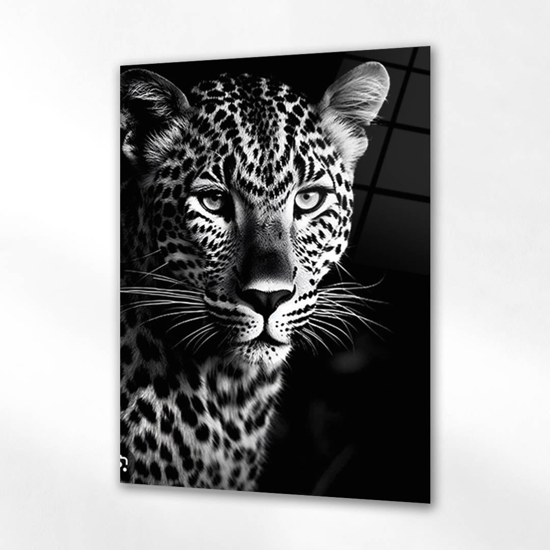 Siyah Beyaz Leopar Portre Cam Tablo
