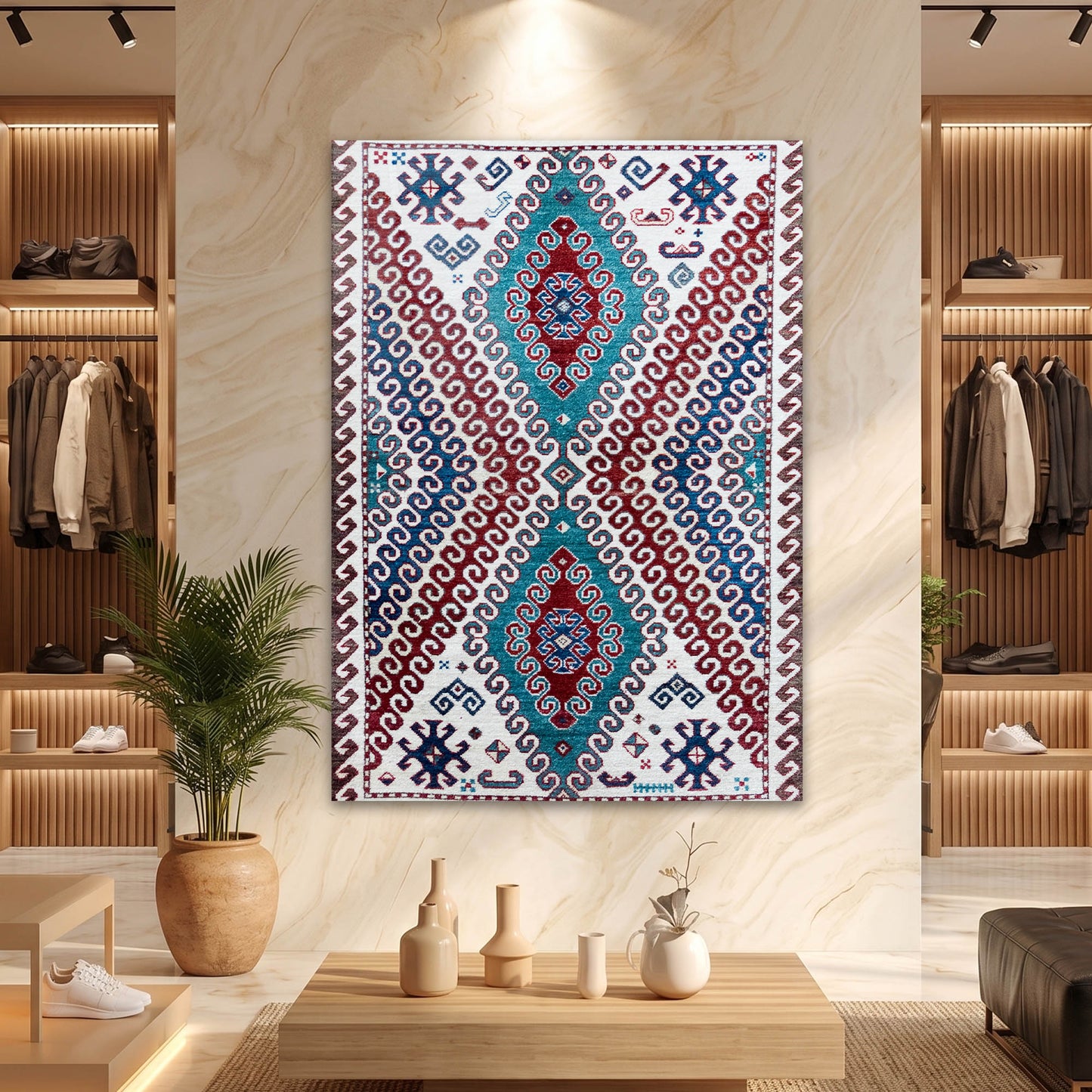Kırmızı ve Turkuaz Geometrik Desenli Kilim Cam Tablo