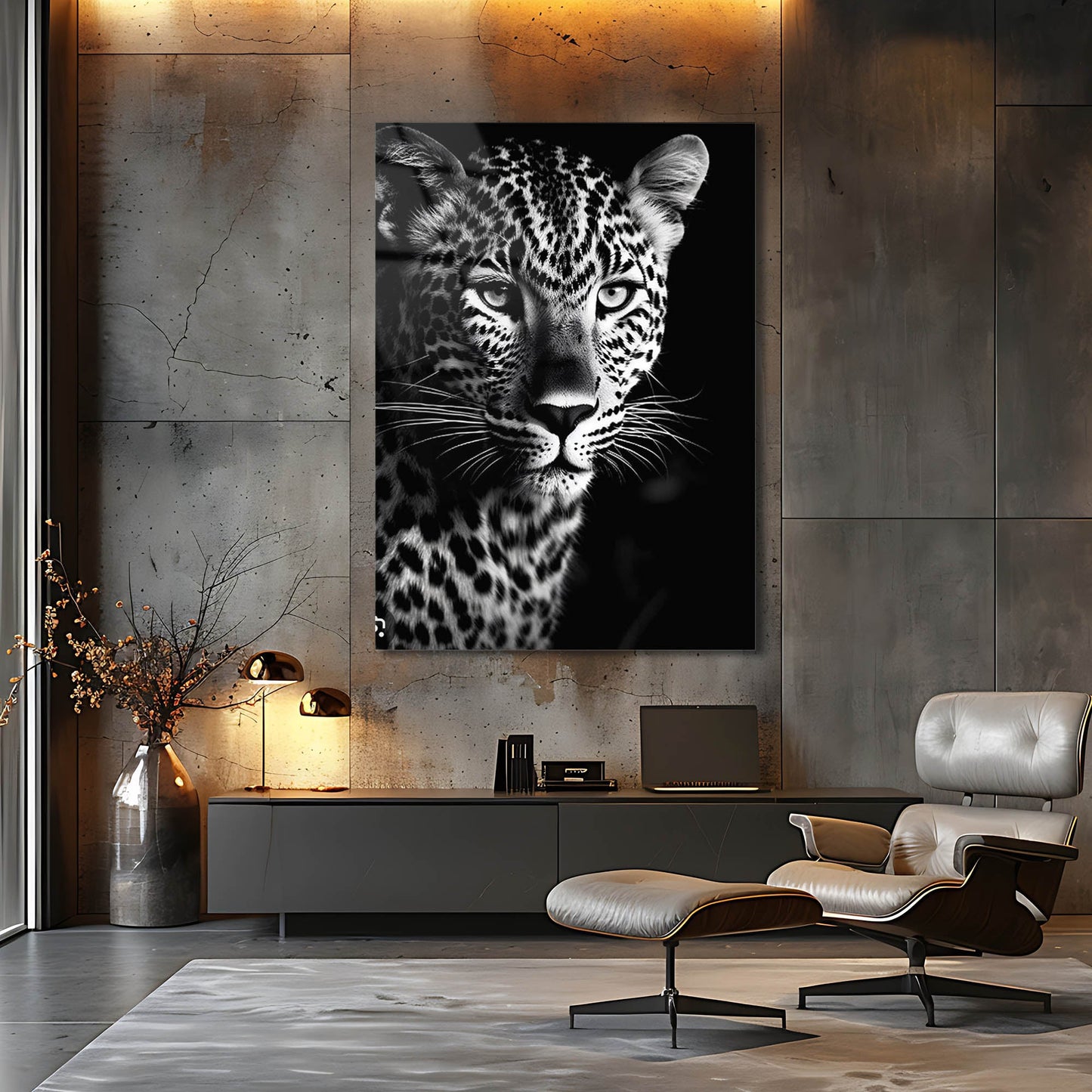 Siyah Beyaz Leopar Portre Cam Tablo