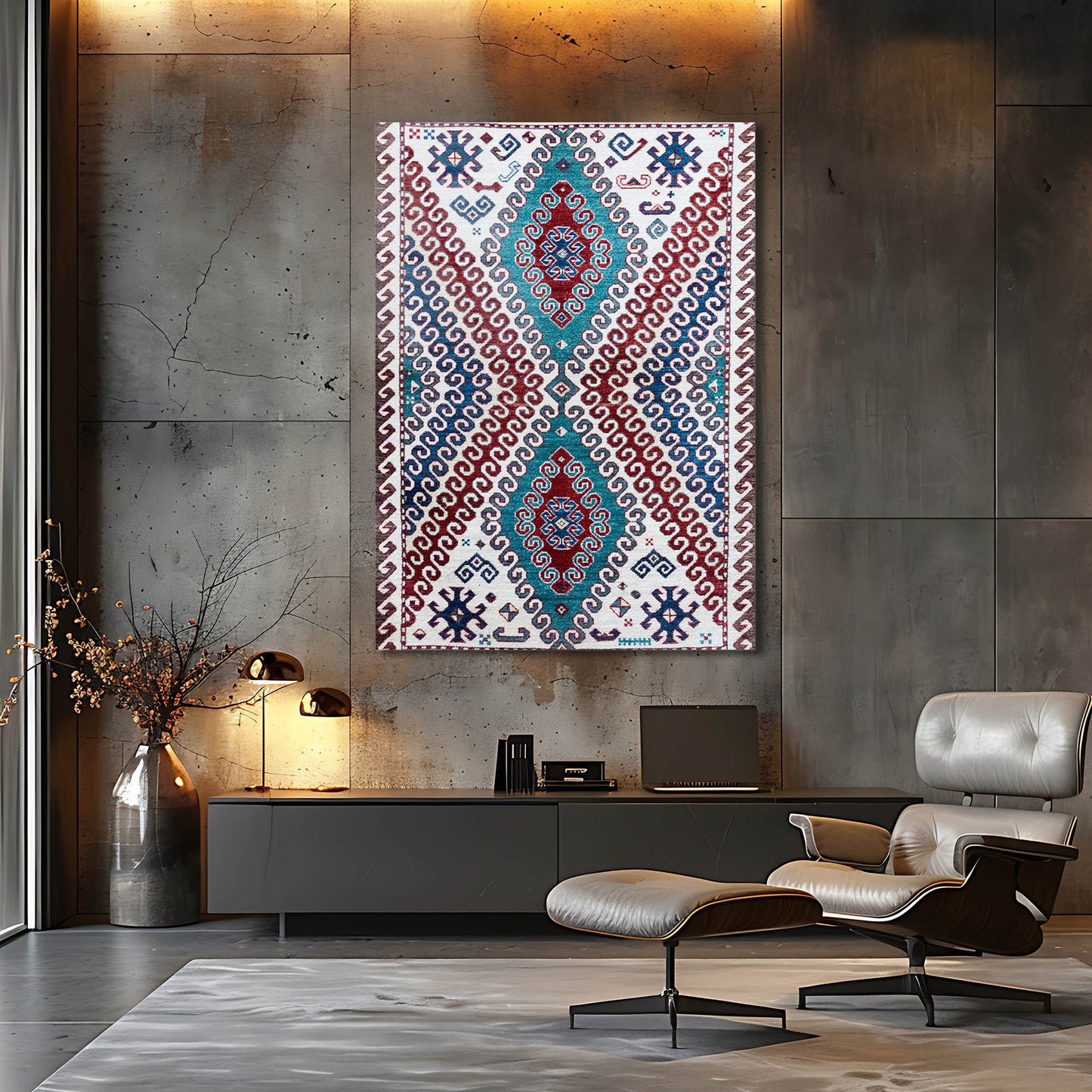 Kırmızı ve Turkuaz Geometrik Desenli Kilim Cam Tablo