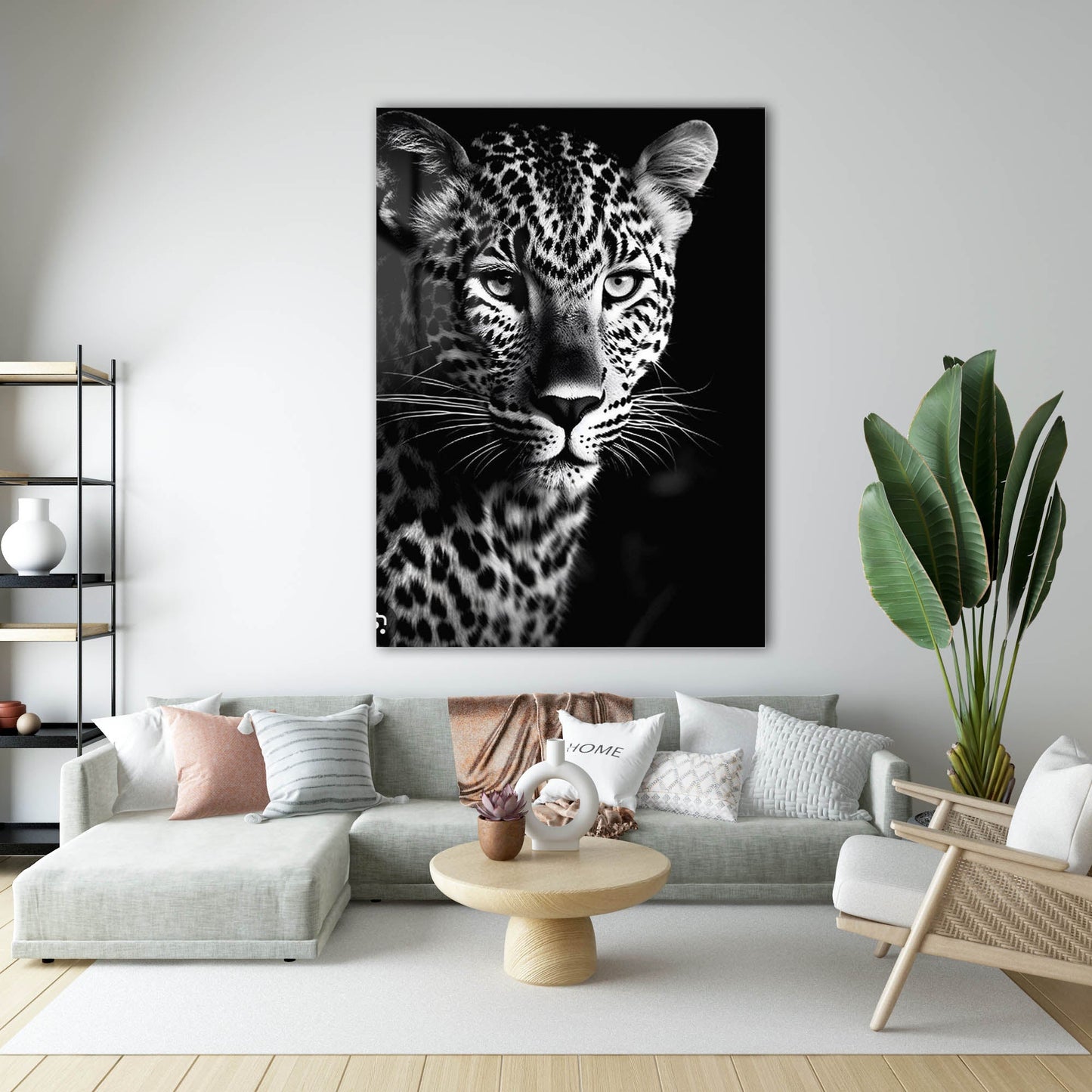 Siyah Beyaz Leopar Portre Cam Tablo