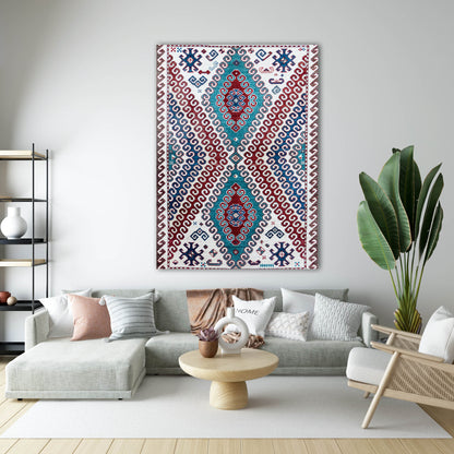 Kırmızı ve Turkuaz Geometrik Desenli Kilim Cam Tablo