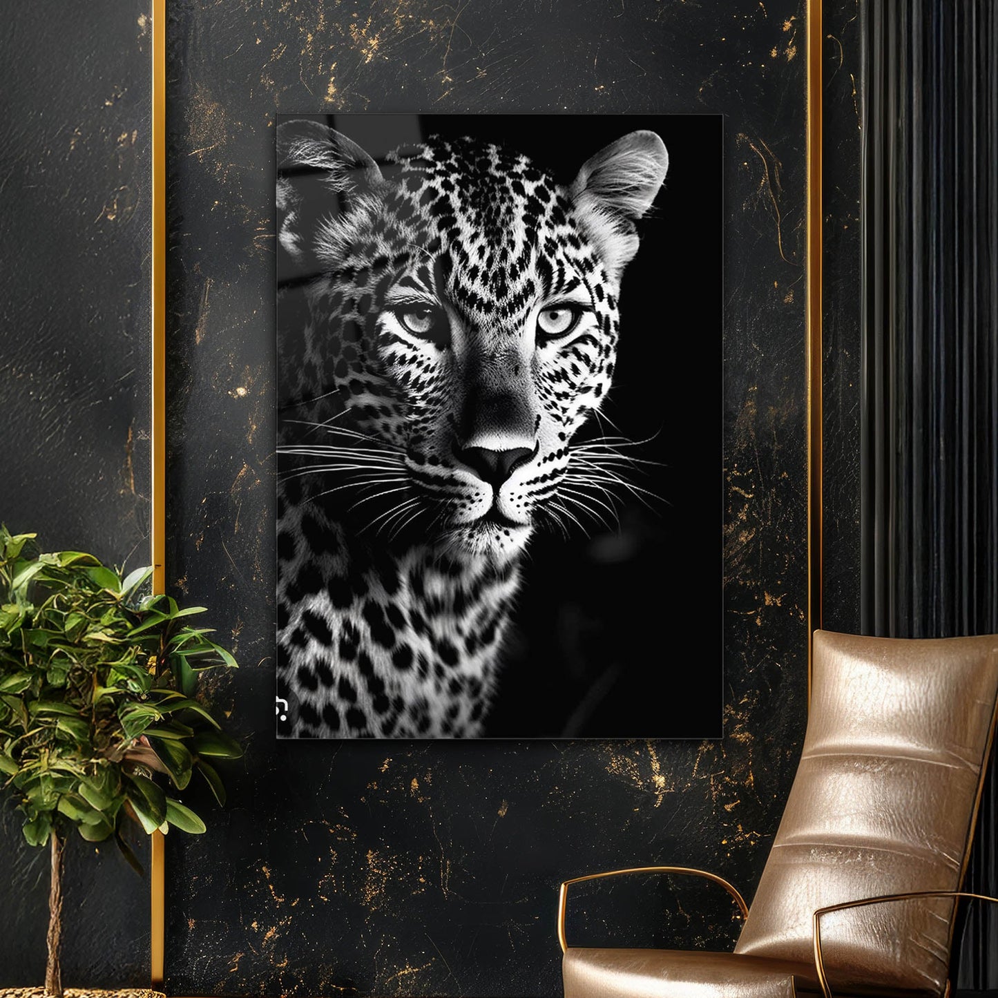 Siyah Beyaz Leopar Portre Cam Tablo