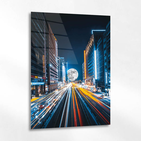 Ay Işığında Şehir Trafik Gece Cam Tablo