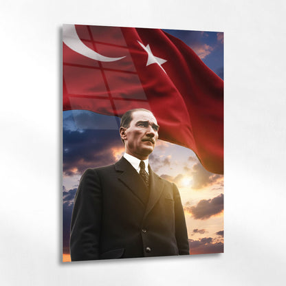 Atatürk Bayraklı Gün Batımı Milli Cam Tablo