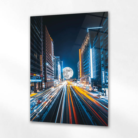 Ay Işığında Şehir Trafik Gece Cam Tablo