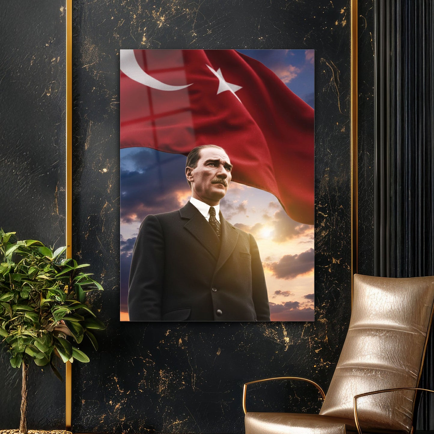 Atatürk Bayraklı Gün Batımı Milli Cam Tablo