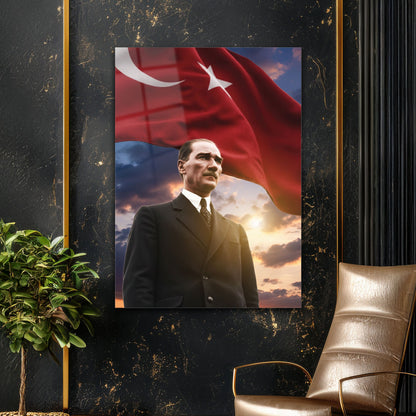 Atatürk Bayraklı Gün Batımı Milli Cam Tablo