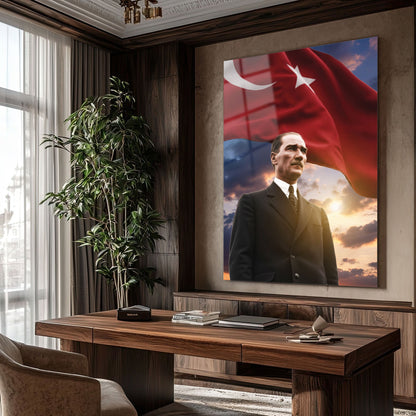Atatürk Bayraklı Gün Batımı Milli Cam Tablo