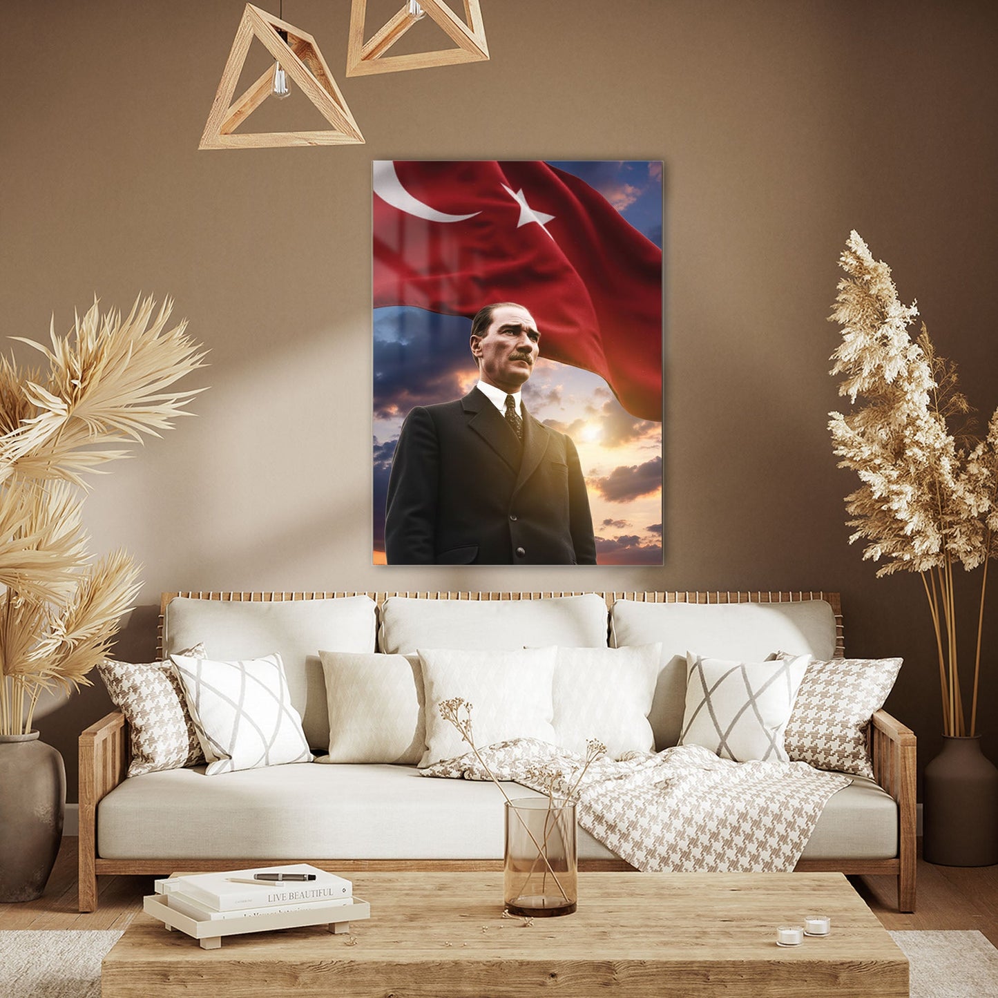 Atatürk Bayraklı Gün Batımı Milli Cam Tablo