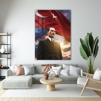 Atatürk Bayraklı Gün Batımı Milli Cam Tablo