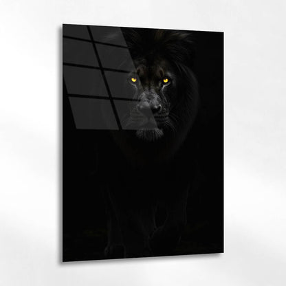 Karanlıkta Siyah Aslan Cam Tablo