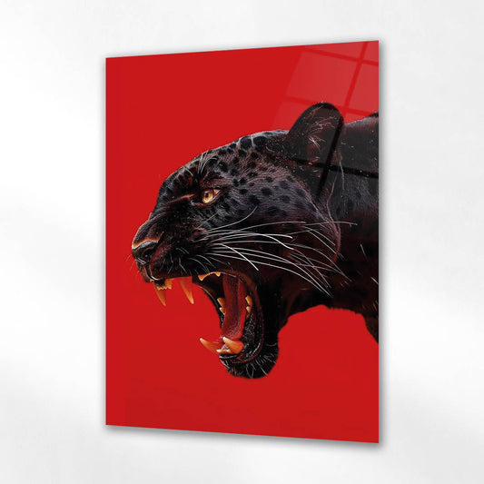 Kırmızı Arka Planlı Siyah Panter Cam Tablo