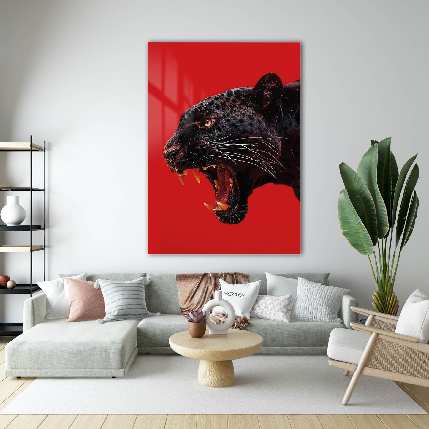Kırmızı Arka Planlı Siyah Panter Cam Tablo