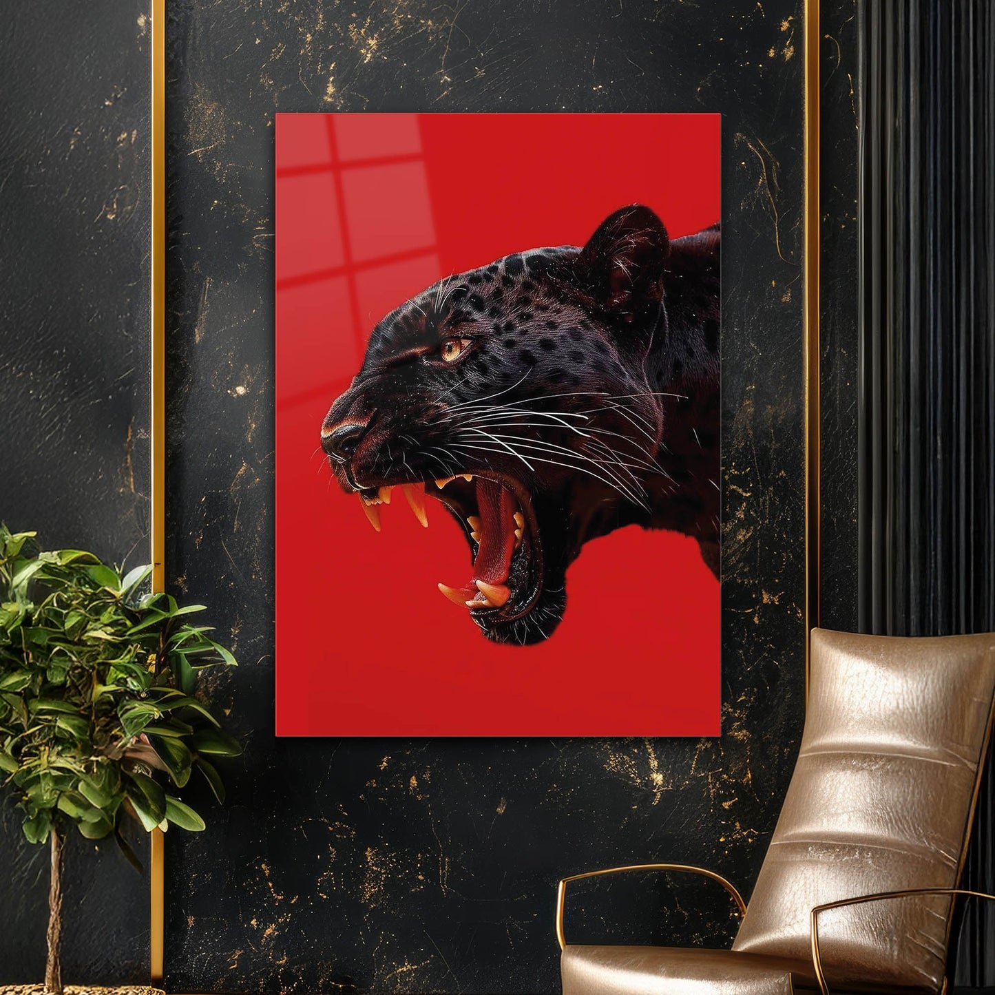 Kırmızı Arka Planlı Siyah Panter Cam Tablo