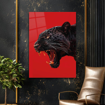 Kırmızı Arka Planlı Siyah Panter Cam Tablo
