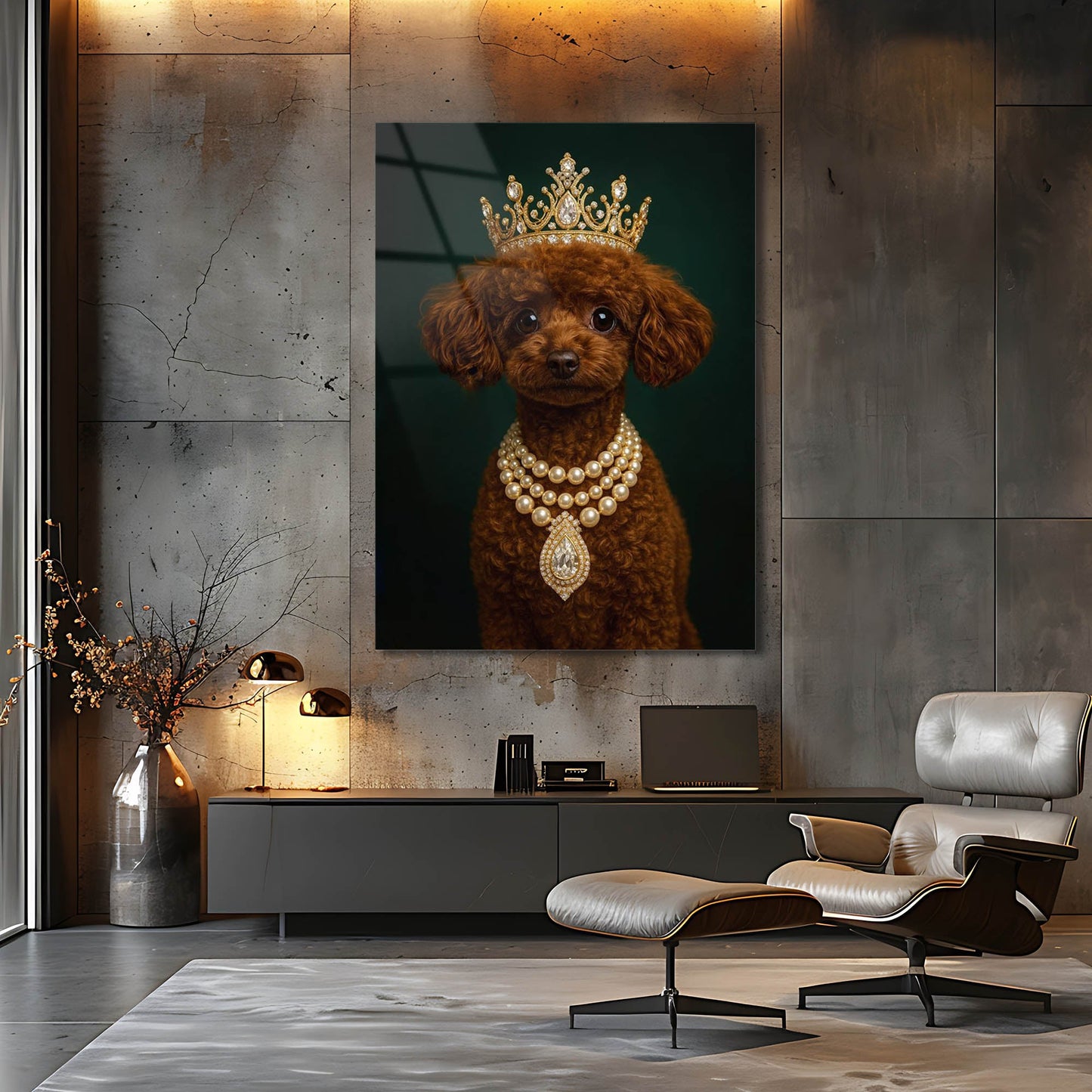 Kraliyet Poodle İnci Kolye Cam Tablo