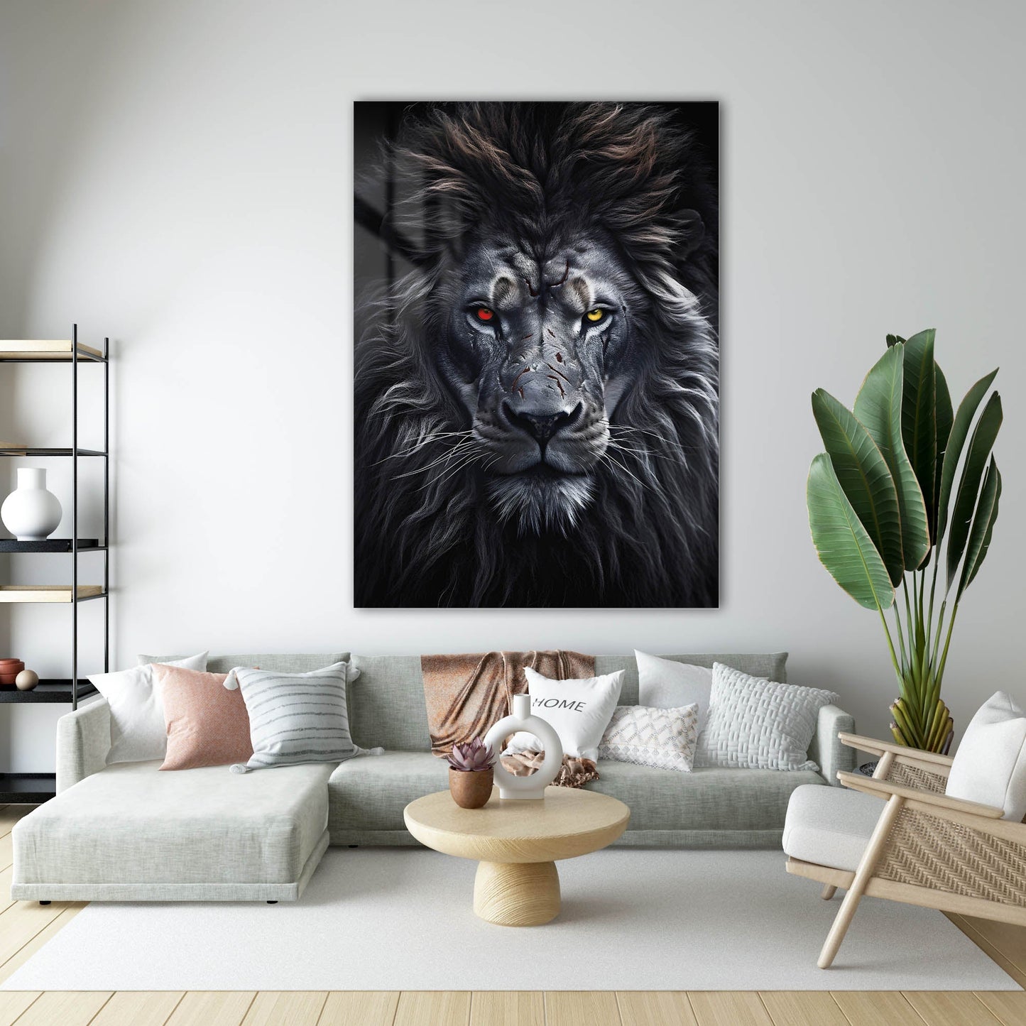 kırmızı ve sarı gözlü Aslan Portre Cam Tablo