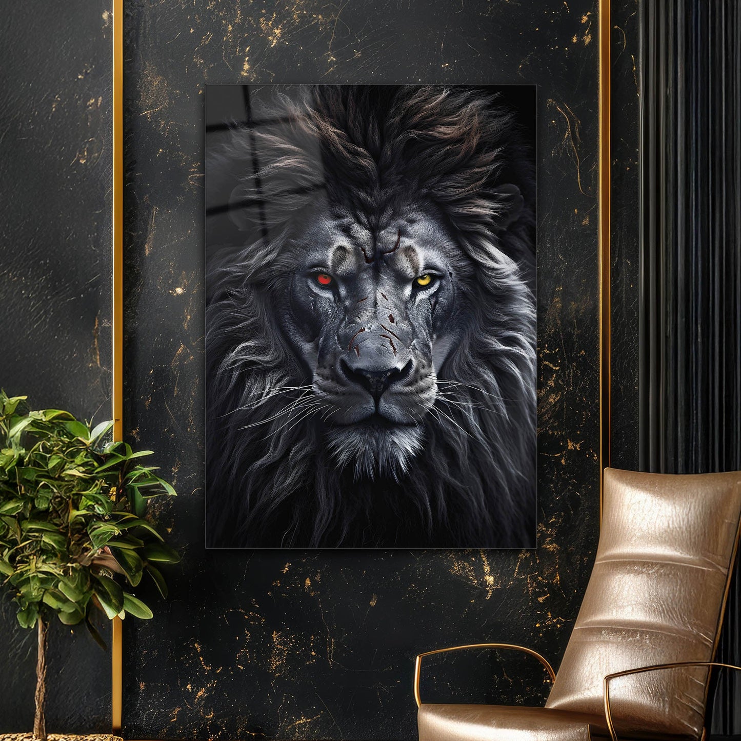 kırmızı ve sarı gözlü Aslan Portre Cam Tablo