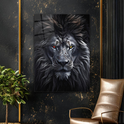 kırmızı ve sarı gözlü Aslan Portre Cam Tablo