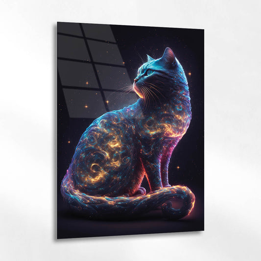 Galaksi Desenli Kozmik Kedi Cam Tablo