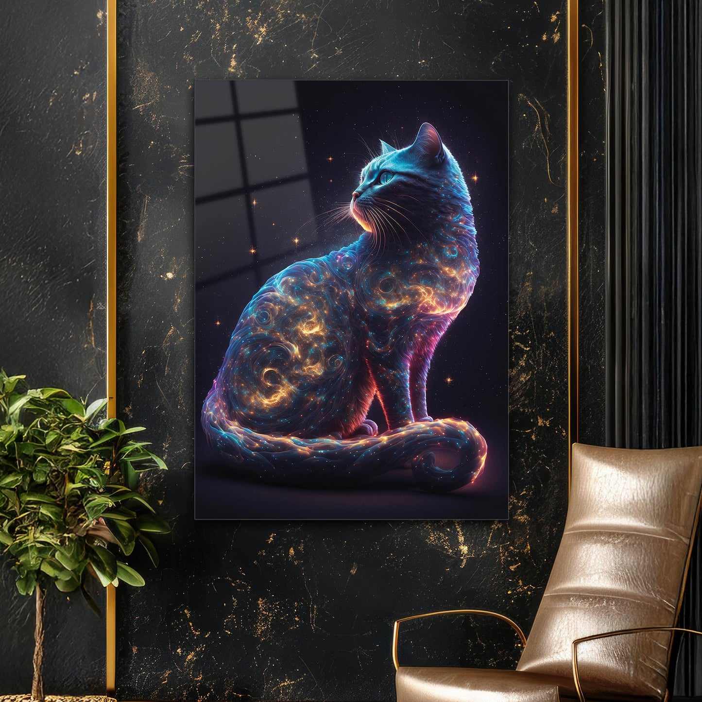 Galaksi Desenli Kozmik Kedi Cam Tablo