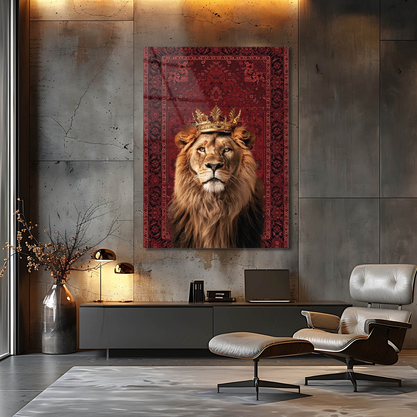 Kırmızı Halı Fonlu Kral Aslan Cam Tablo