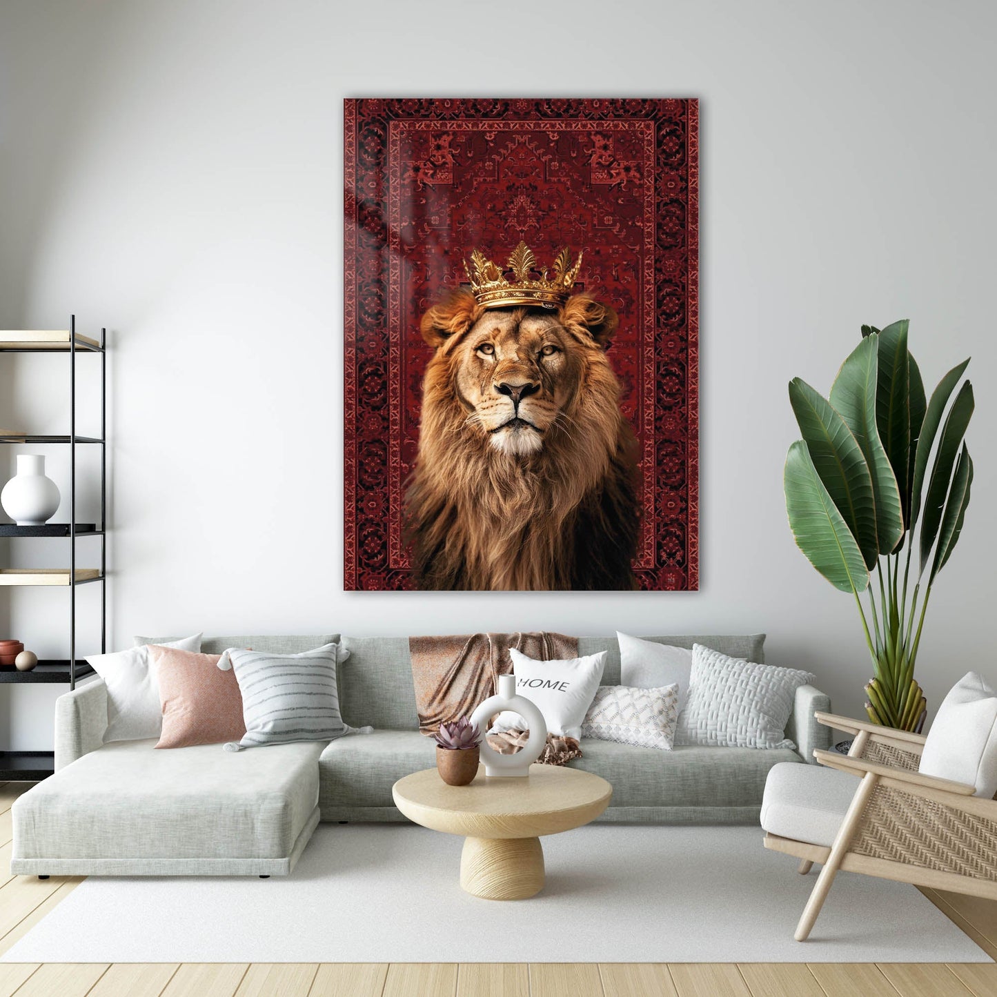 Kırmızı Halı Fonlu Kral Aslan Cam Tablo